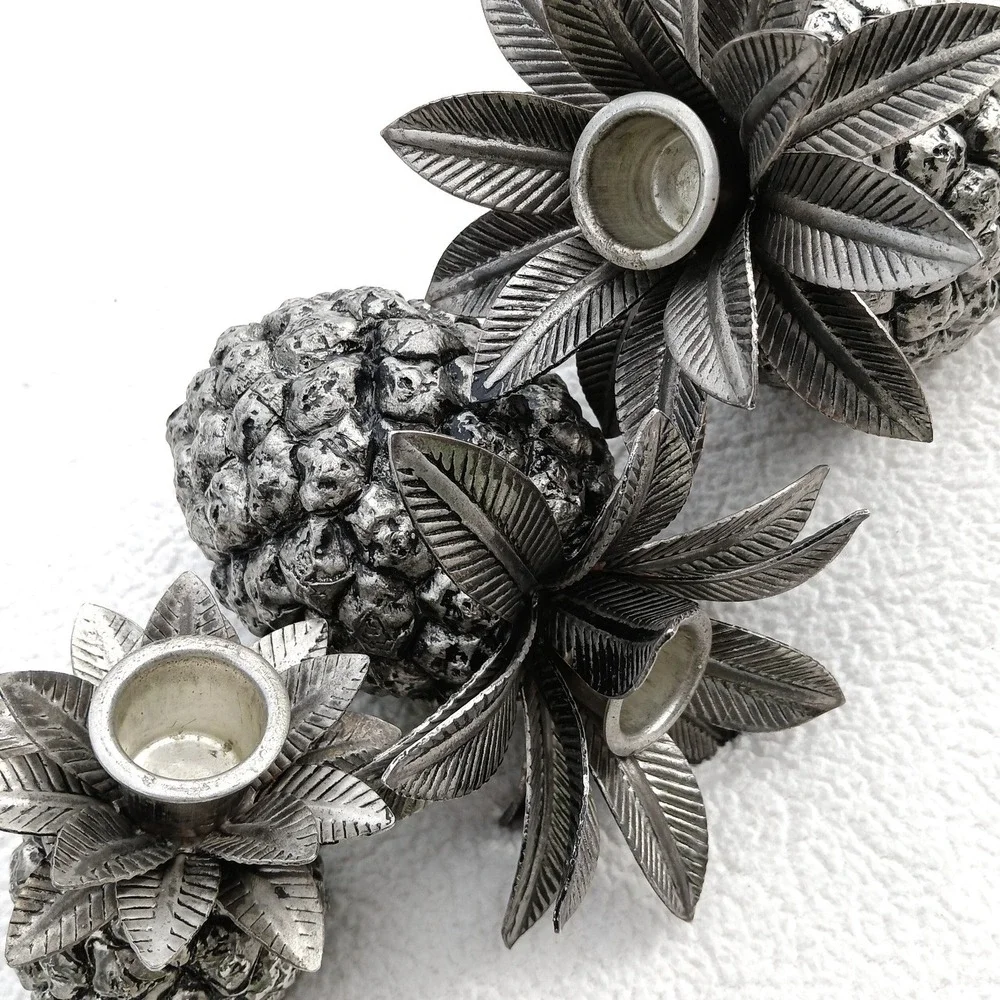 Tropoical Pineapple Candle Holder Trio Textured Heavy Silver 3pc‎ Vintage 4.5#